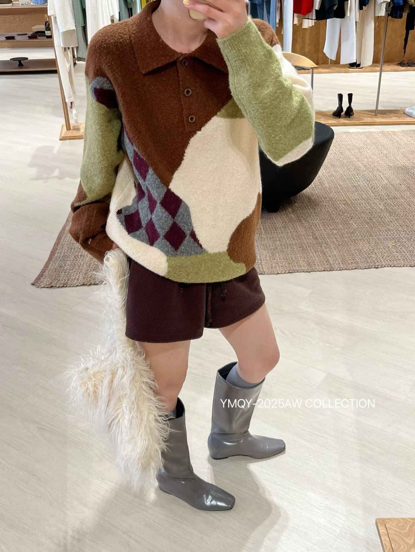 【Miu系拼色针织系列】甄选绒感羊毛几何撞色翻领针织衫/套头毛衣