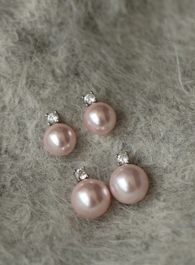 微风庄园 春日氛围感樱花粉镶锆石高级施家珍珠耳钉925纯银耳夹女