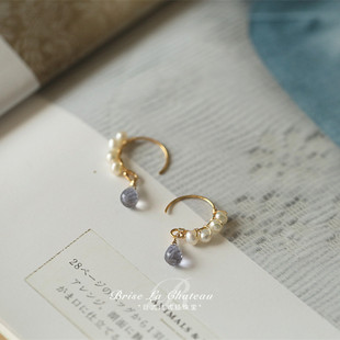 等烟雨 温柔雅致天然堇青石淡水珍珠耳环14k包金耳钉女 生日礼物