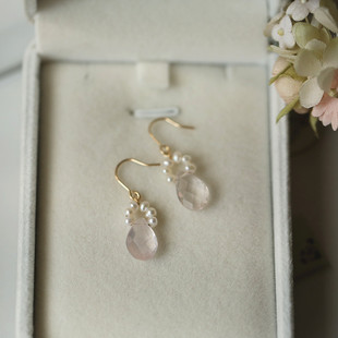 春风拂 少女清新天然粉水晶淡水珍珠耳钉优雅14k包金耳环生日礼物