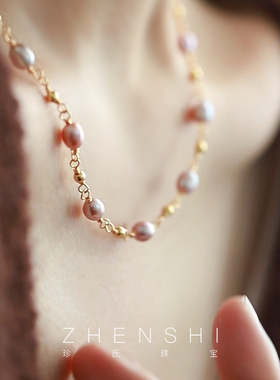 【玄凌】天然淡水紫色米形珍珠项链女款 法式轻奢优雅颈链锁骨链