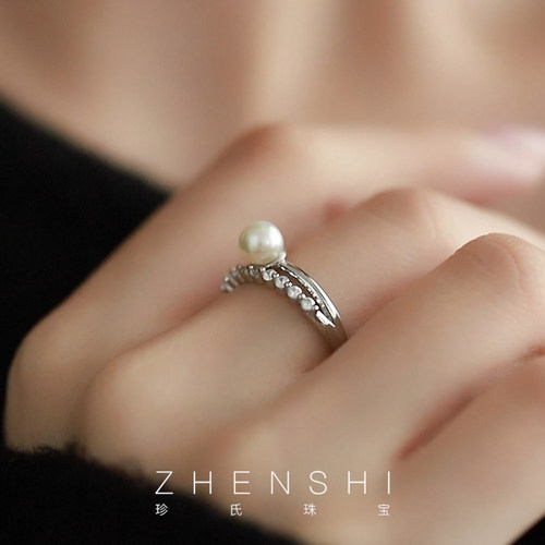 【夜凉】天然淡水正圆珍珠戒指女款 精致设计简约双层可调节指环
