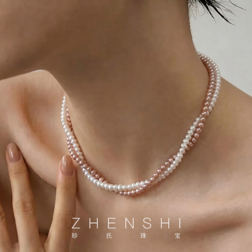 【粉雪】天然淡水珍珠项链女款 双色叠戴keshi珠气质高级感颈链