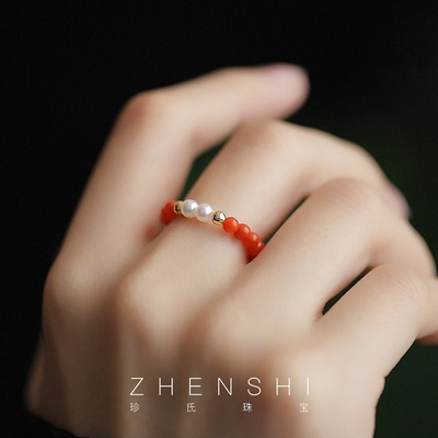 【栀清】天然淡水珍珠戒指女款 南红复古简约气质高级感南红戒圈