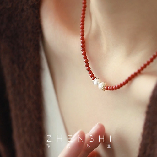 【采薇】天然淡水正圆珍珠项链女款 S925银南红复古经典高级颈饰