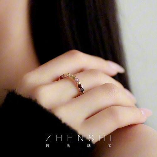 【溪畔】天然淡水keshi珠戒指女款 彩色碧玺异形时尚珍珠弹力戒圈