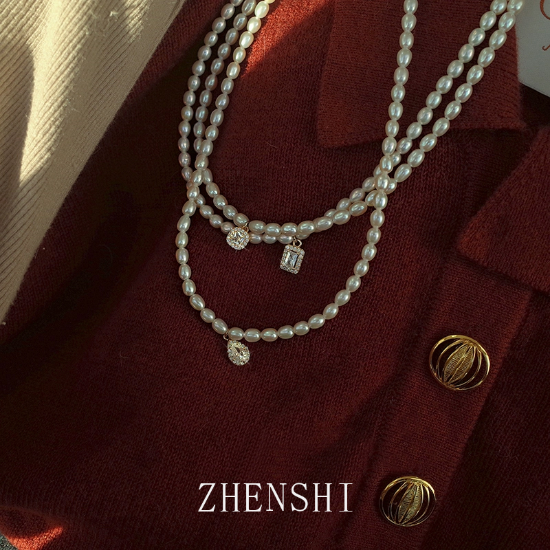 水滴钻方块天然淡水珍珠项链女