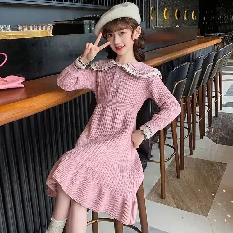 春秋冬款韩版时尚女童装针织裙长袖连衣裙娃娃翻领学院风公主裙子