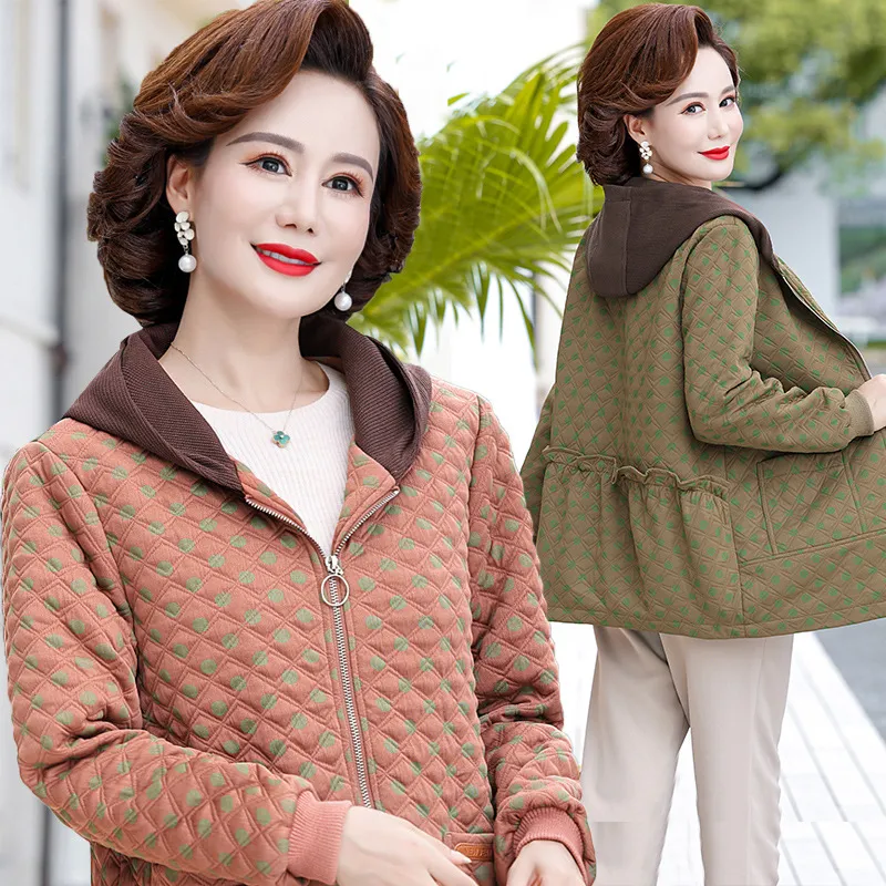 妈妈装夹克衫外套春秋新款长袖上衣50岁中老年女装连帽纯色开衫