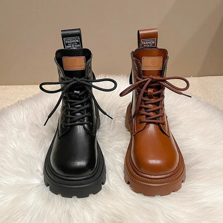 软皮厚底马丁雪地靴子女英伦风冬季加绒加厚保暖2025新款短靴棉鞋