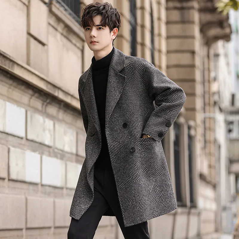 双面呢外套男士韩版宽松休闲帅气绵羊毛呢大衣西装领风衣中长款潮