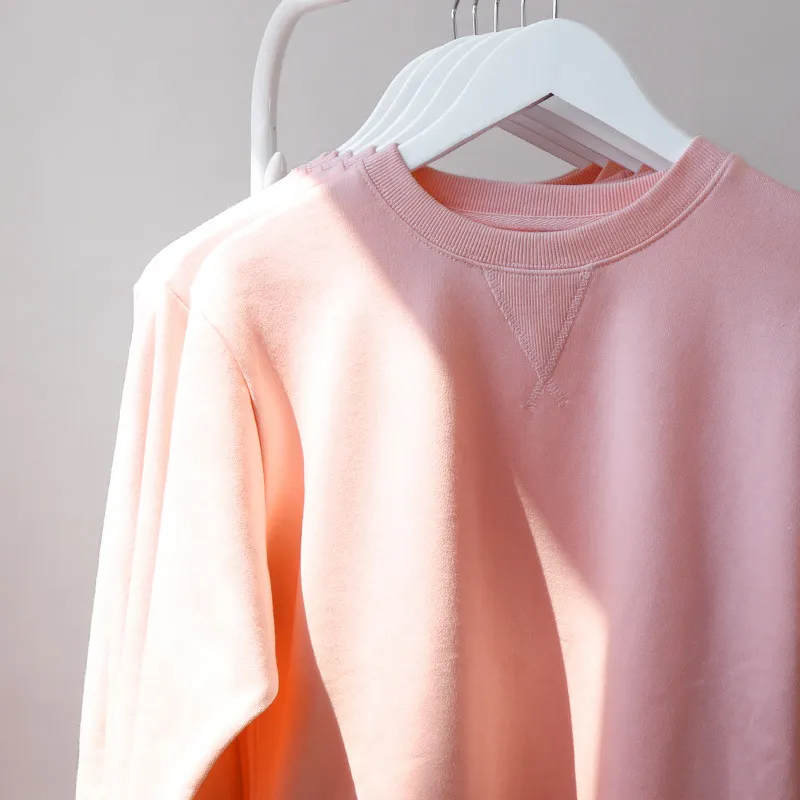 340g重磅浅粉淡粉藕粉纯棉纯色毛圈倒三角卫衣男士简约女秋季圆领