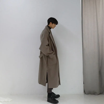 ASCLO青年男士过膝英伦风毛呢大衣男冬季加厚风衣长款系带韩版宽