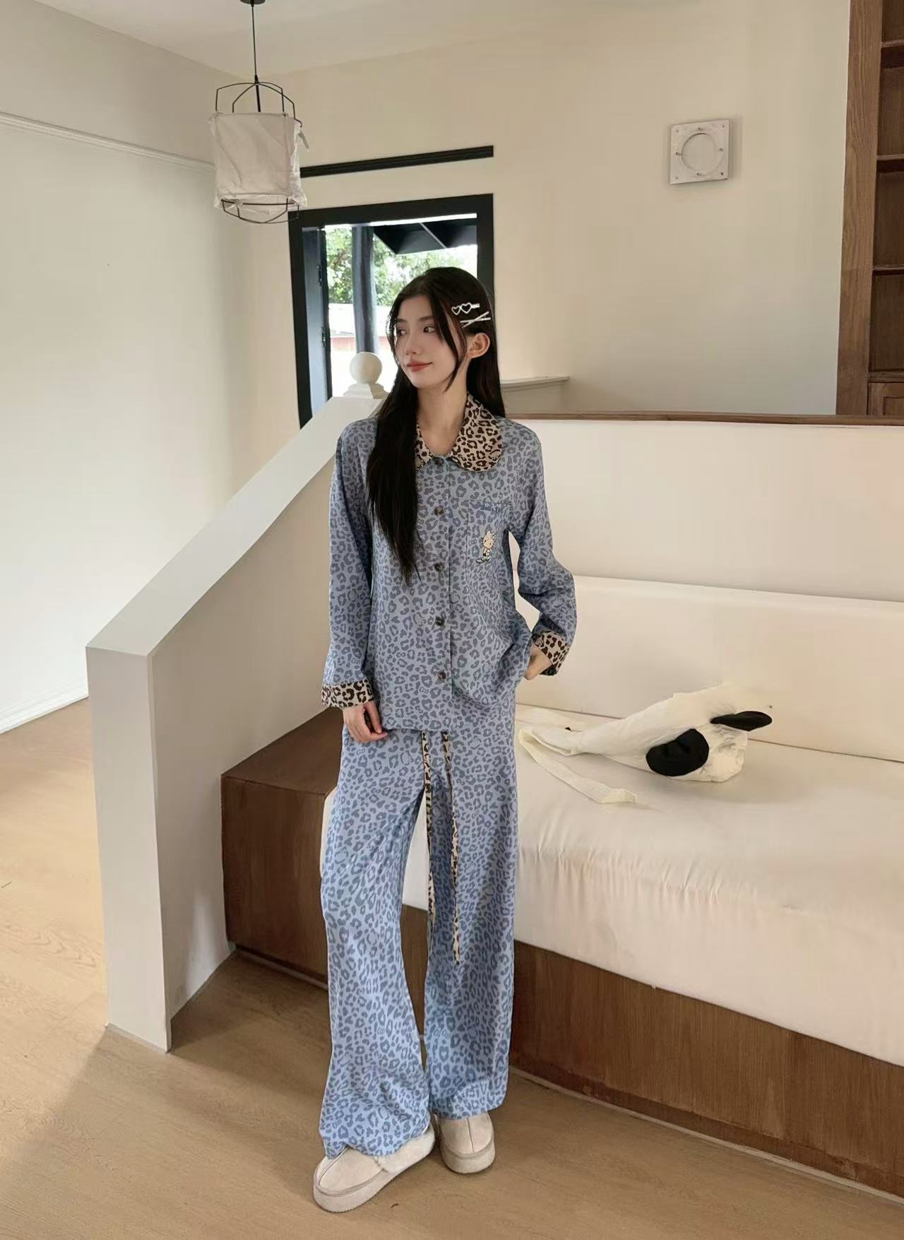 野兽P家居服明星同款豹纹KT印花睡衣女新款家居服套装天丝棉睡衣