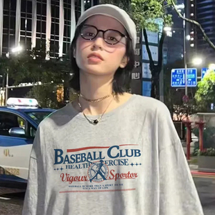 周雨彤同款 复古宽松慵懒风上衣 高级感灰色字母印花短袖 T恤女美式