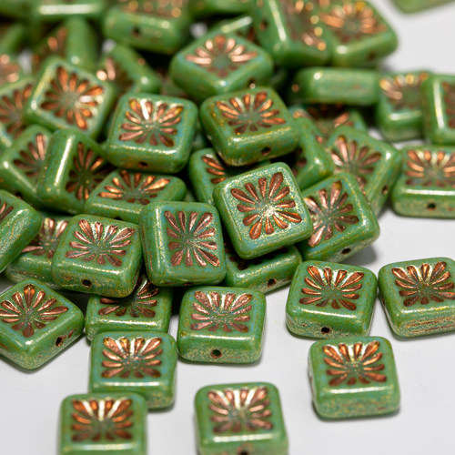 进口捷克古董珠10mm方形猕猴桃翠绿描古铜 串珠法绣手工材料手链