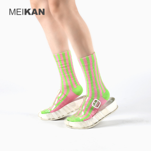 MEIKAN多巴胺彩色袜撞色条纹中筒袜线基础线条袜子夏季 显瘦无骨袜