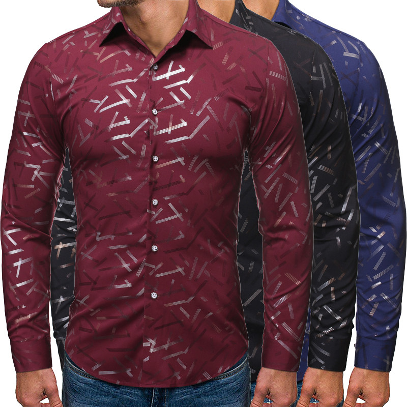 New fashion versatile gilded casual Lapel men's long sleeve flower shirt fashion stand collar men's wear