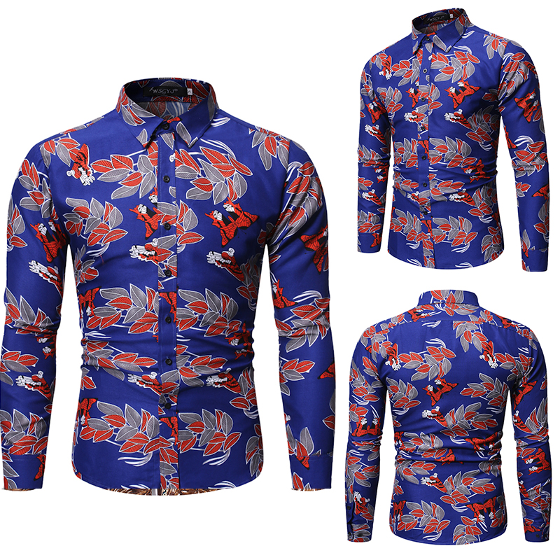 Foreign trade Amazon express four seasons men's long sleeve printed shirt personalized fashion floral shirt