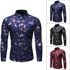 Casual large men's fashion Henry collar design shirt tulip stamping Long Sleeve Shirt