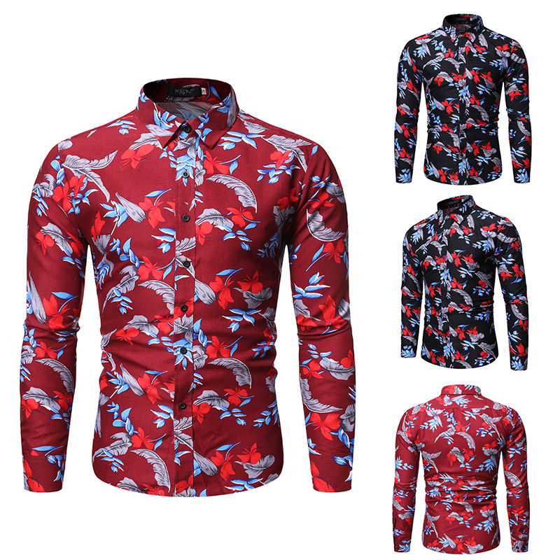 New style men's fashion printed Lapel men's long sleeve floral shirt loose size