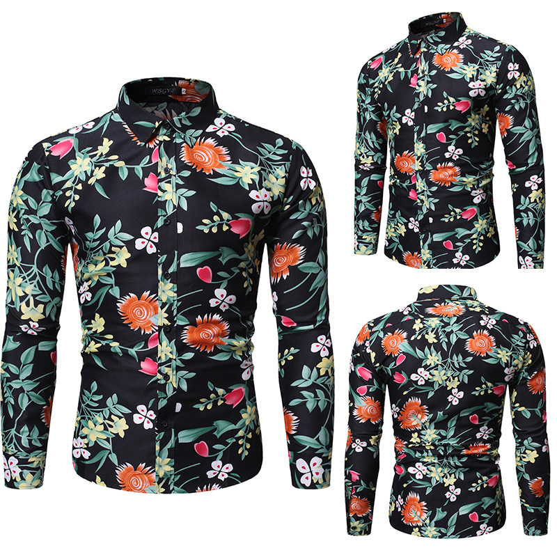 Foreign trade Amazon express four seasons men's long sleeve printed shirt personalized fashion floral lining