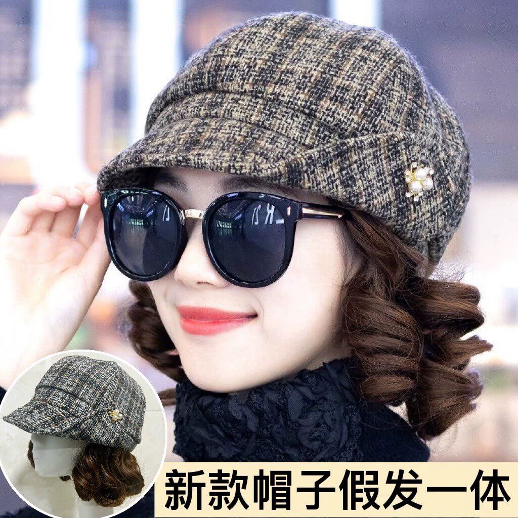 假发帽子女春秋季单帽时尚中年妈妈八角帽英伦格纹贝雷帽遮白头发