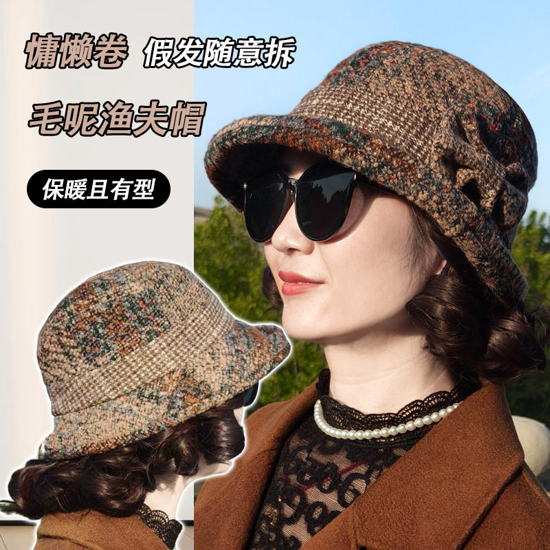 中老年人假发帽子女秋冬季短卷发妈妈毛呢礼帽加厚奶奶休闲渔夫帽
