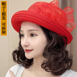 中老年女士帽子假发一体时尚气优雅短卷发春夏季纱帽透气薄款妈妈