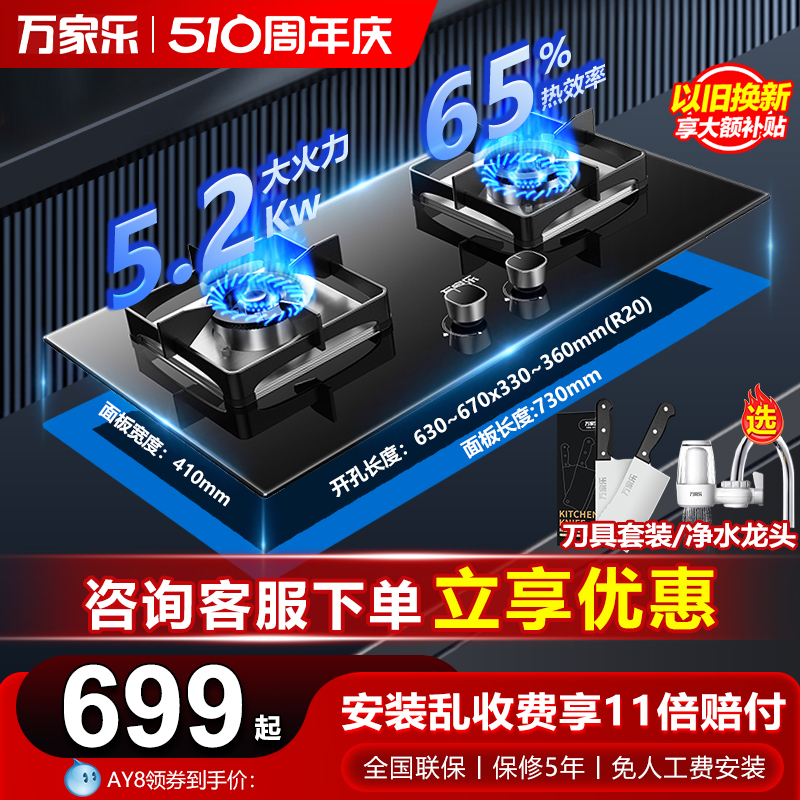 万家乐燃气灶双灶嵌入式天然气液化灶煤气灶5.2KW家用灶具定时AY8