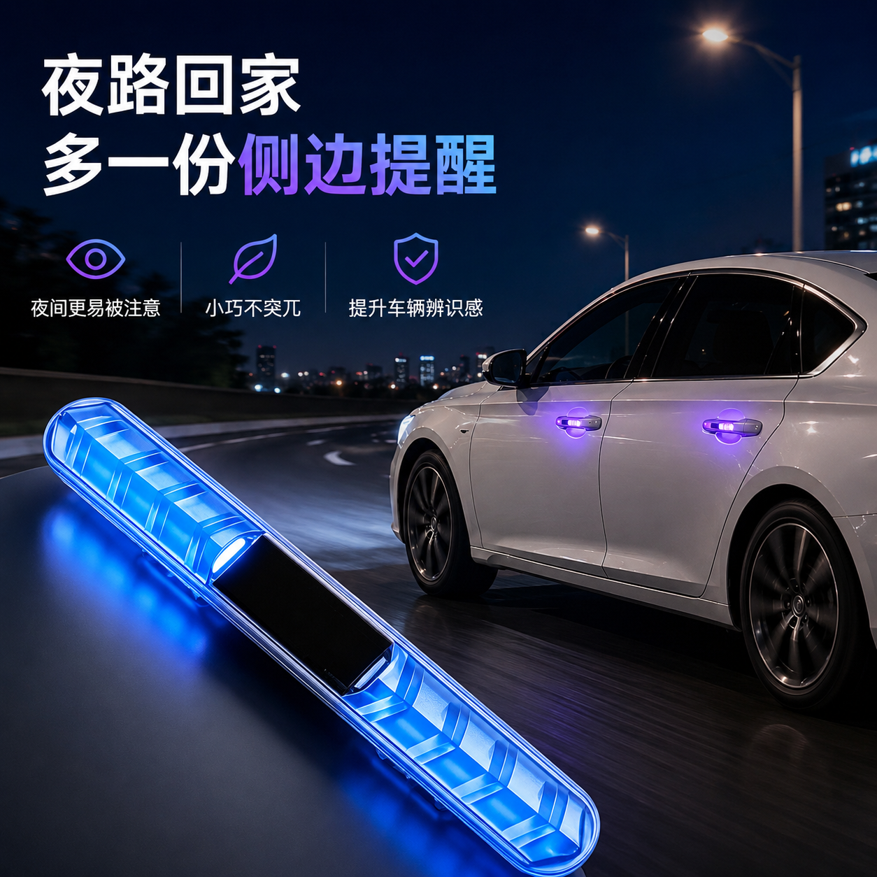 车门防撞条太阳能汽车警示灯防刮蹭免接线LED爆闪灯摩托车装饰灯