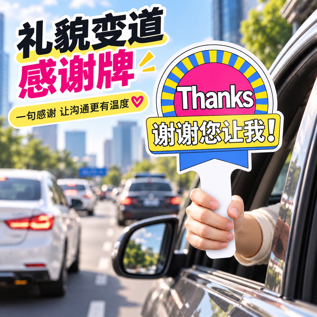 汽车礼貌插队变道手举牌谢谢大哥让让我感谢牌美女牌开车加塞神器