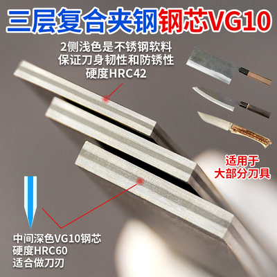 VG10夹钢板三层复合青纸刀胚条料不锈淬火HRC60厚2至2.5mm直销