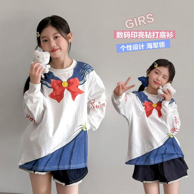女童春款2026新学院风蝴蝶结海军领长袖T恤女设计感宽松打底衫潮9,童装/婴儿装/亲子装,T恤,淘宝优惠券,粉丝福利购,淘宝优惠卷