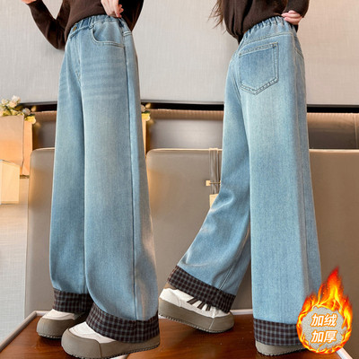 女童加绒裤子秋冬款女大童韩版阔腿裤儿童装女孩冬天加厚牛仔裤潮