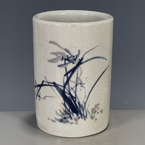 仿大清代光绪年制粉彩开片八骏图笔筒摆件 古玩古董瓷器收藏