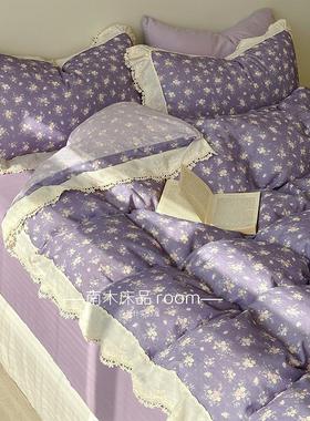 紫眠花梦｜韩国ins紫色碎花全棉双层纱四件套仙女蕾丝法式花边1.8