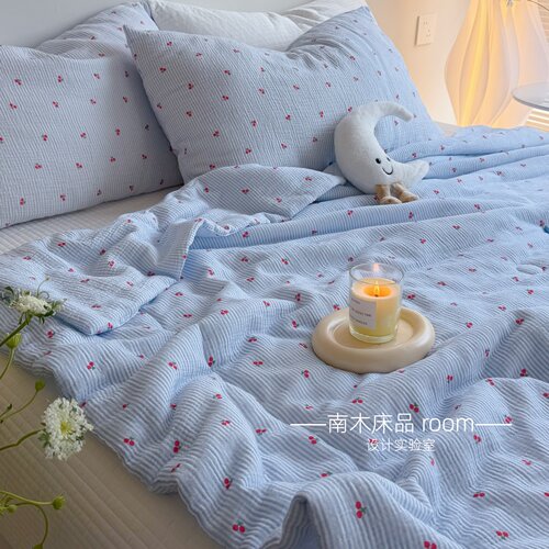 ins治愈蓝色全棉双层皱皱纱夏被