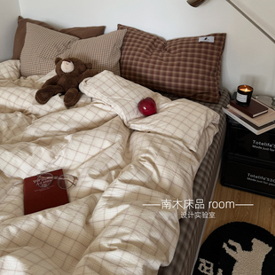 孤单心事｜ins简约格子混搭枕套全棉水洗棉四件套1.8m床笠款 纯棉