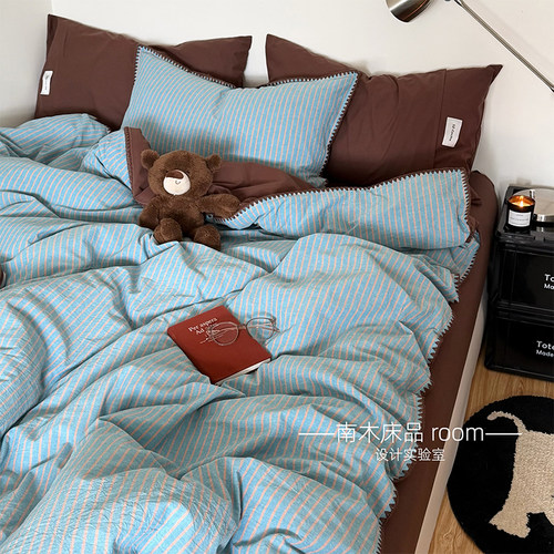 简约蓝咖条纹全棉水洗棉四件套