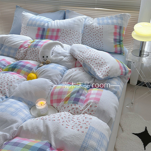 柏林花事|ins拼接百家布全棉皱布纱四件套干净蓝色软糯纯棉1.8笠