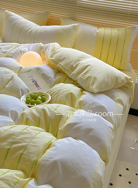枕月而眠｜糯叽叽奶黄色全棉提花四件套简约条纹纯棉床品1.8m床笠
