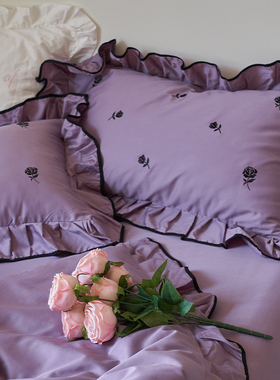 浪漫重生｜法式复古紫色玫瑰全棉100支长绒棉四件套唯美花边床品