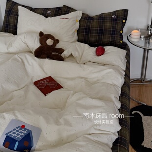 故事留白｜ins博主小众全棉水洗棉四件套1.8床笠墨绿格纹床单纯棉