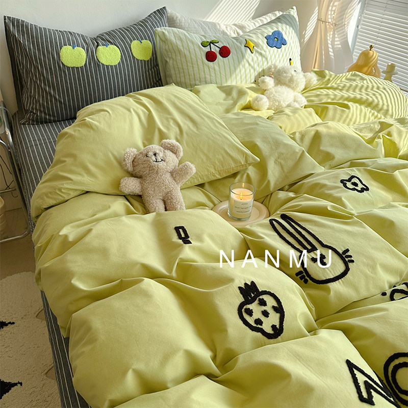 青苹果园｜卡通毛巾绣全棉水洗棉四件套纯棉绿色床品1.8m条纹床笠