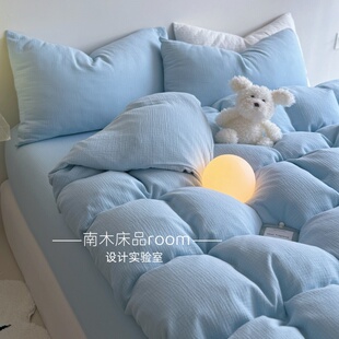 晴朗天空｜ins简约清新蓝色全棉皱皱纱四件套纯棉1.8床笠纯色裸睡