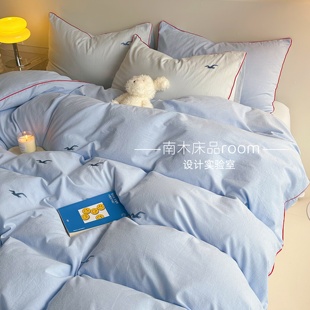 海风轻拂|治愈蓝色海鸥刺绣全棉水洗棉四件套1.8笠纯棉民宿床品