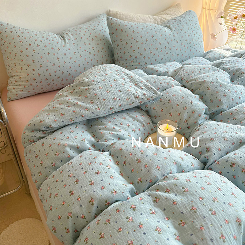 梨花同梦｜ins蓝色小碎花全棉皱布纱四件套少女田园风纯棉裸睡1.8