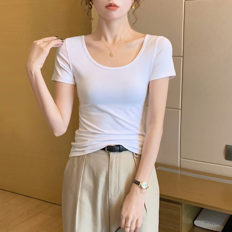 白色纯棉低圆领短袖t恤女2025夏季新款上衣正肩半袖u领内搭打底衫