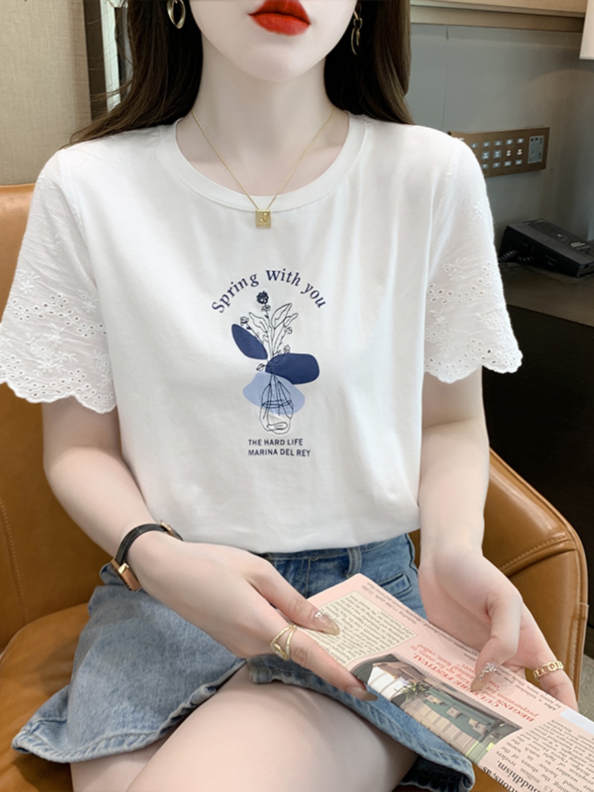 白色短袖t恤女装2025新款夏季漂亮时尚正肩小个子洋气雪纺衫上衣